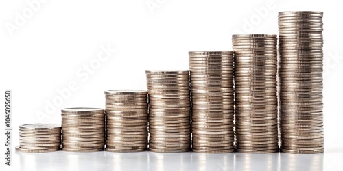 Stacks of US quarters in ascending order on white background with depth of field effect photo