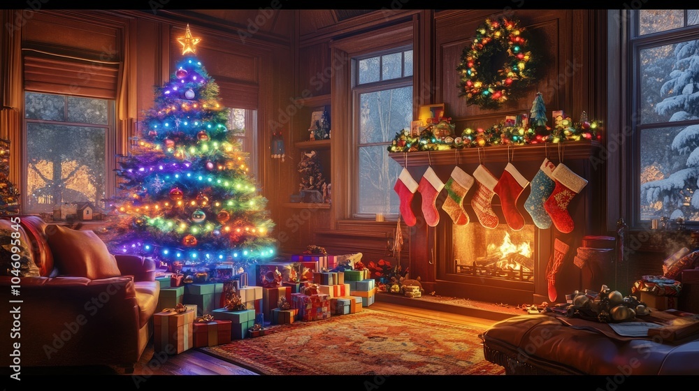 Fototapeta premium A cozy living room with a rainbow-lit Christmas tree, presents wrapped in vibrant colors, and stockings hanging by a glowing fireplace