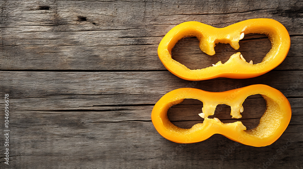 yellow pepper slices isolated on a wooden table yellow pepper slices isolated on a wooden table