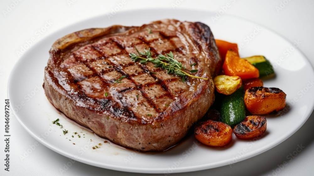 Grilled Steak with Colorful Vegetables on Plate Grilled Steak with Colorful Vegetables on Plate