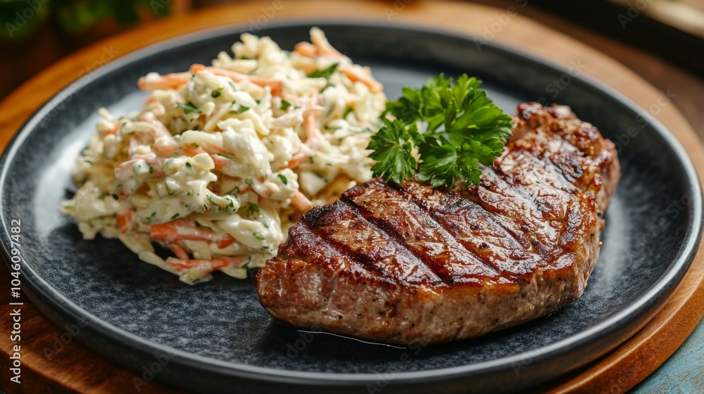 Grilled Steak with Fresh Coleslaw on a Plate Grilled Steak with Fresh Coleslaw on a Plate