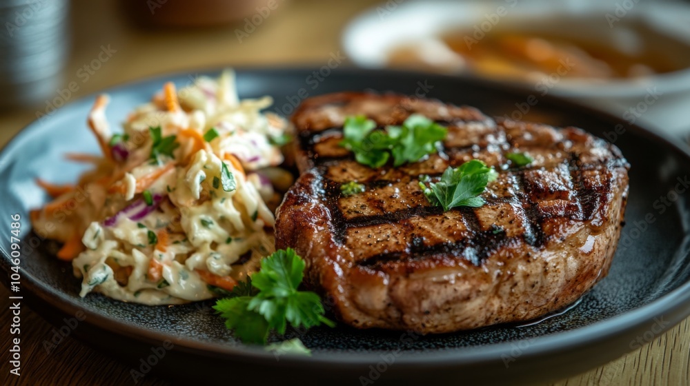 Grilled Steak with Fresh Coleslaw on Plate Grilled Steak with Fresh Coleslaw on Plate