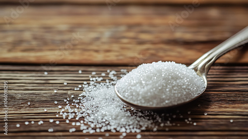 sugar in spoon isolated on a wooden table