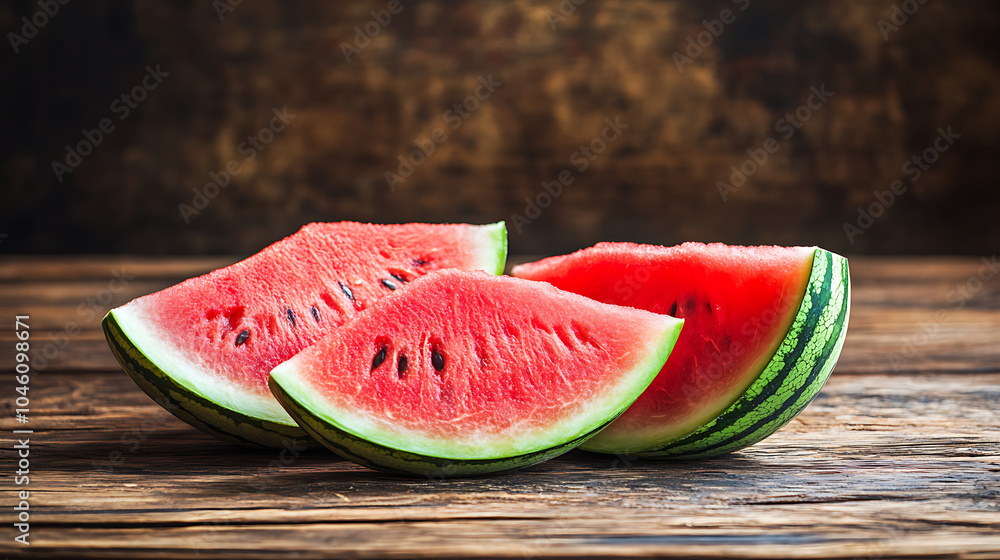 sliced fresh watermelon isolated on a wooden table sliced fresh watermelon isolated on a wooden table