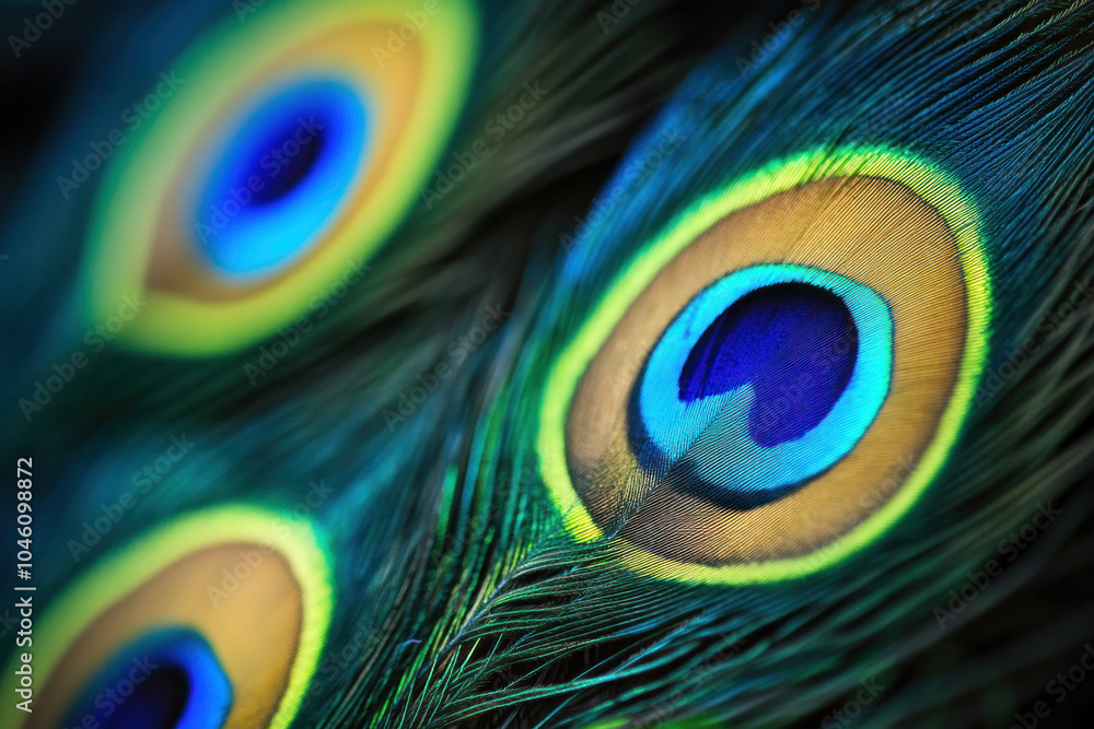 Obraz premium Colorful peacock feathers with intricate patterns spread across textured wallpaper, creating a vibrant and eye-catching display.