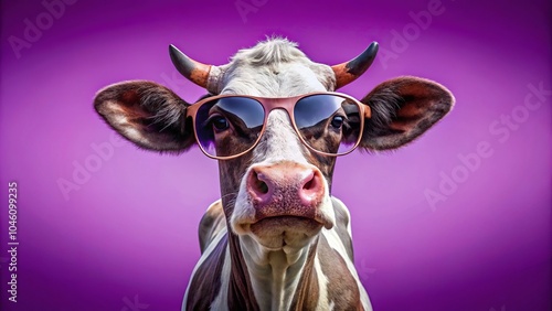 Whimsical cow wearing sunglasses against purple background