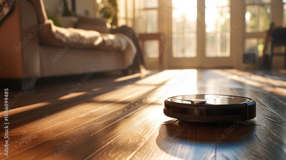 Robot Vacuum Cleaning in a Sunlit Living Room Robot Vacuum Cleaning in a Sunlit Living Room