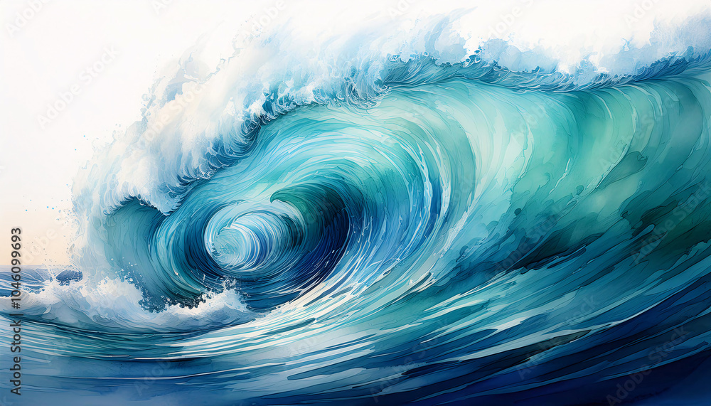 A powerful, curling ocean wave with vibrant shades of blue and white, capturing the dynamic energy and beauty of the sea