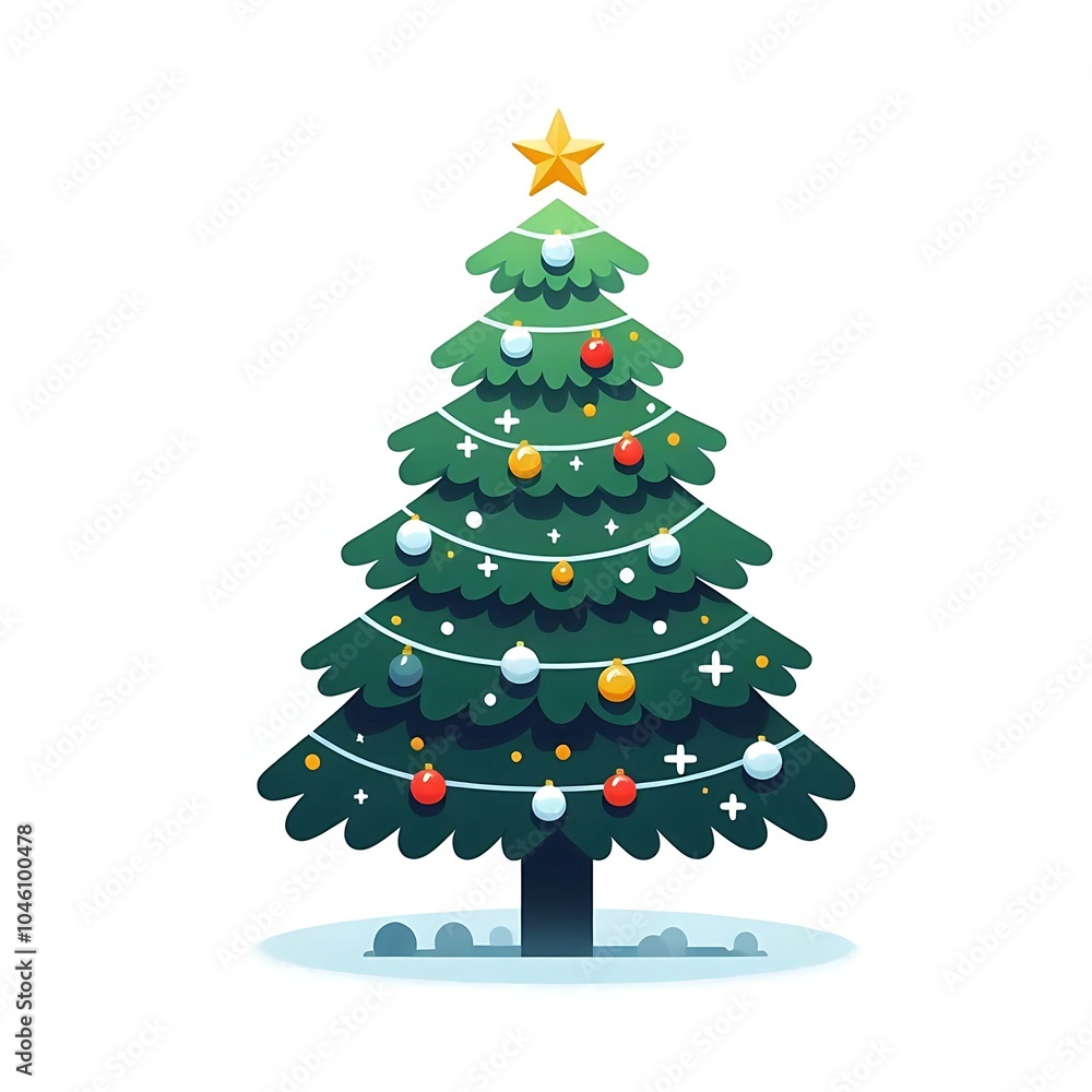 Flat, isolated illustration of a festive Christmas tree adorned with colorful ornaments, lights, and a shining star on top. The tree has a classic triangular shape and vibrant green branches. Flat, isolated illustration of a festive Christmas tree adorned with colorful ornaments, lights, and a shining star on top. The tree has a classic triangular shape and vibrant green branches.