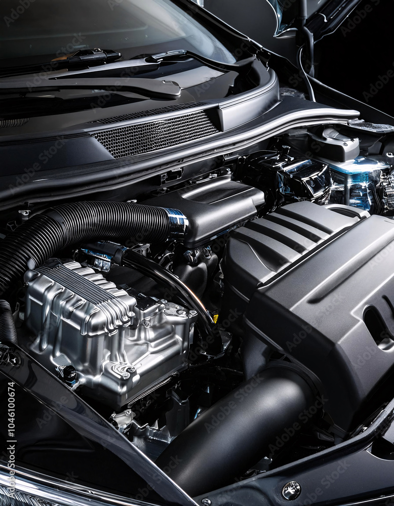 Fototapeta premium A modern car engine with a sleek black cover and silver stripes