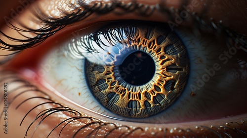 High resolution close-up of a light brown eye with detailed iris patterns