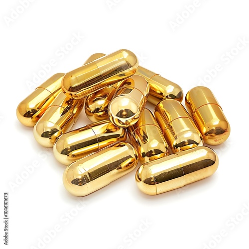 Golden pills isolated on white background