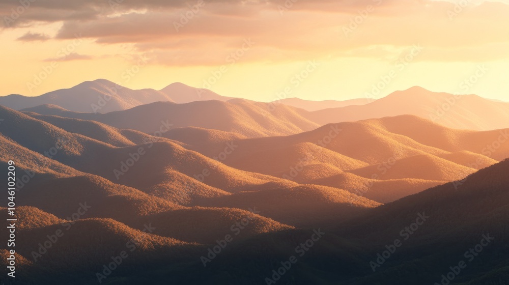 Naklejka premium Serene Sunset Over Majestic Mountain Landscape