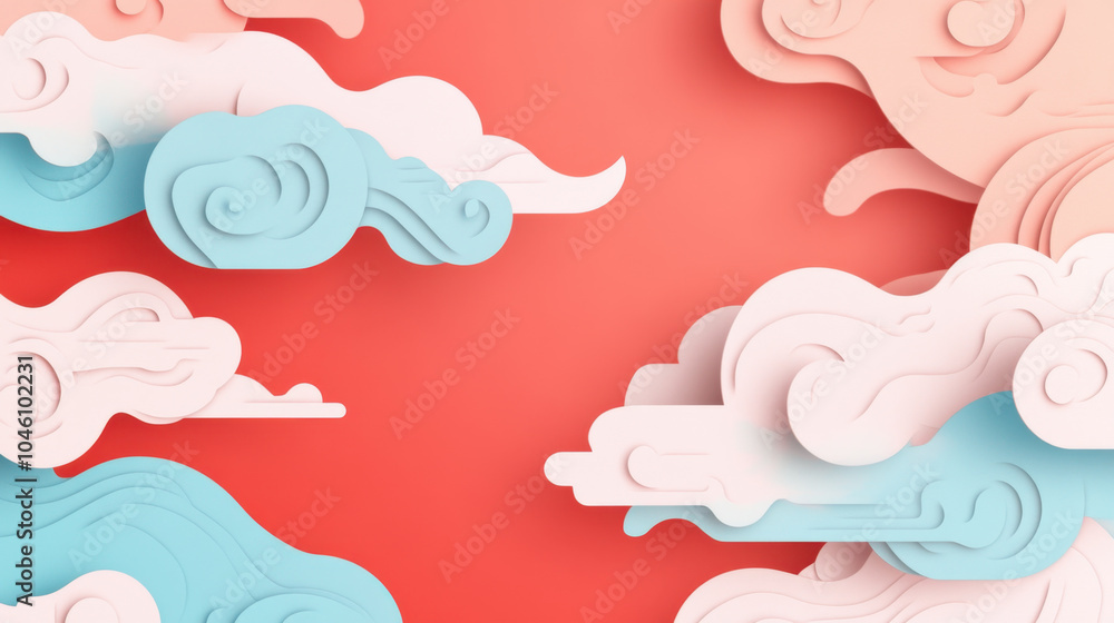 Soft, layered clouds in shades of blue and pink float against vibrant coral background, creating serene and whimsical atmosphere. design evokes sense of calm and creativity Soft, layered clouds in shades of blue and pink float against vibrant coral background, creating serene and whimsical atmosphere. design evokes sense of calm and creativity