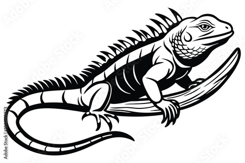 Iguana on Branch in Black and White, Embracing Nature, Vector Illustration Isolated on White Background.