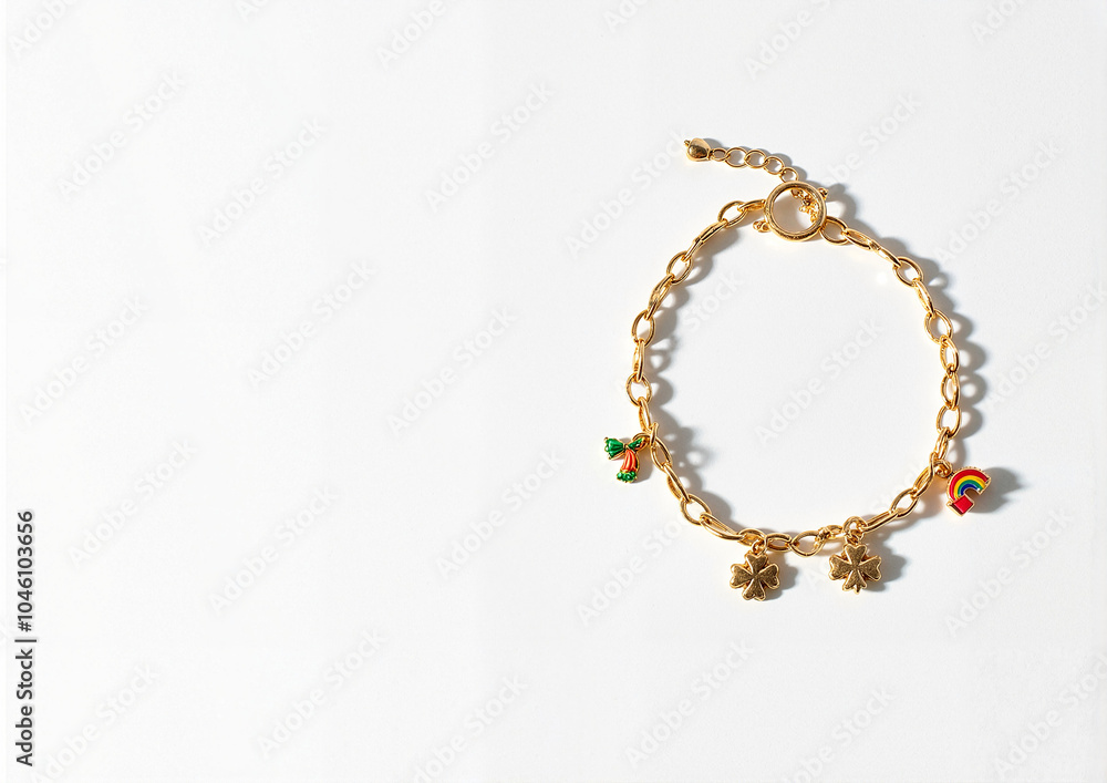 Gold lucky charm bracelet with four-leaf clover and rainbow charms Gold lucky charm bracelet with four-leaf clover and rainbow charms