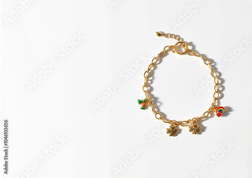 Gold lucky charm bracelet with four-leaf clover and rainbow charms