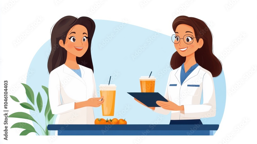 Two animated nutritionists in lab coats hold refreshing drinks while discussing nutrition in an office setting, reflecting the synergy of health and social interaction. Two animated nutritionists in lab coats hold refreshing drinks while discussing nutrition in an office setting, reflecting the synergy of health and social interaction.