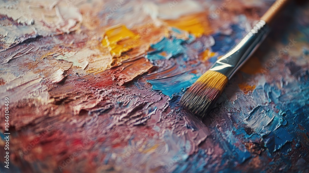 Close-up of colorful textured painting with brush Close-up of colorful textured painting with brush