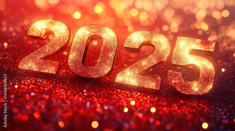 Shimmering golden numbers 2025 stand out against vibrant red background, creating festive and celebratory atmosphere perfect for New Year celebrations Shimmering golden numbers 2025 stand out against vibrant red background, creating festive and celebratory atmosphere perfect for New Year celebrations