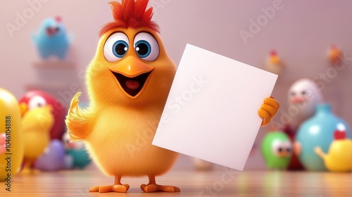 Energetic chick character presents a blank piece of paper in a lively setting, surrounded by a colorful background. Its joyful expression is captivating. photo