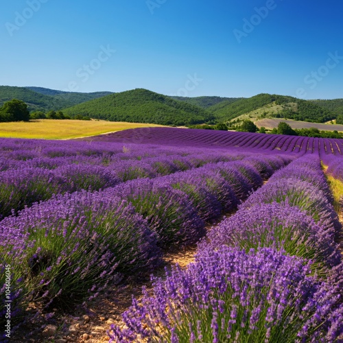 Rolling hills covered with lavender fields under a bright blue sky