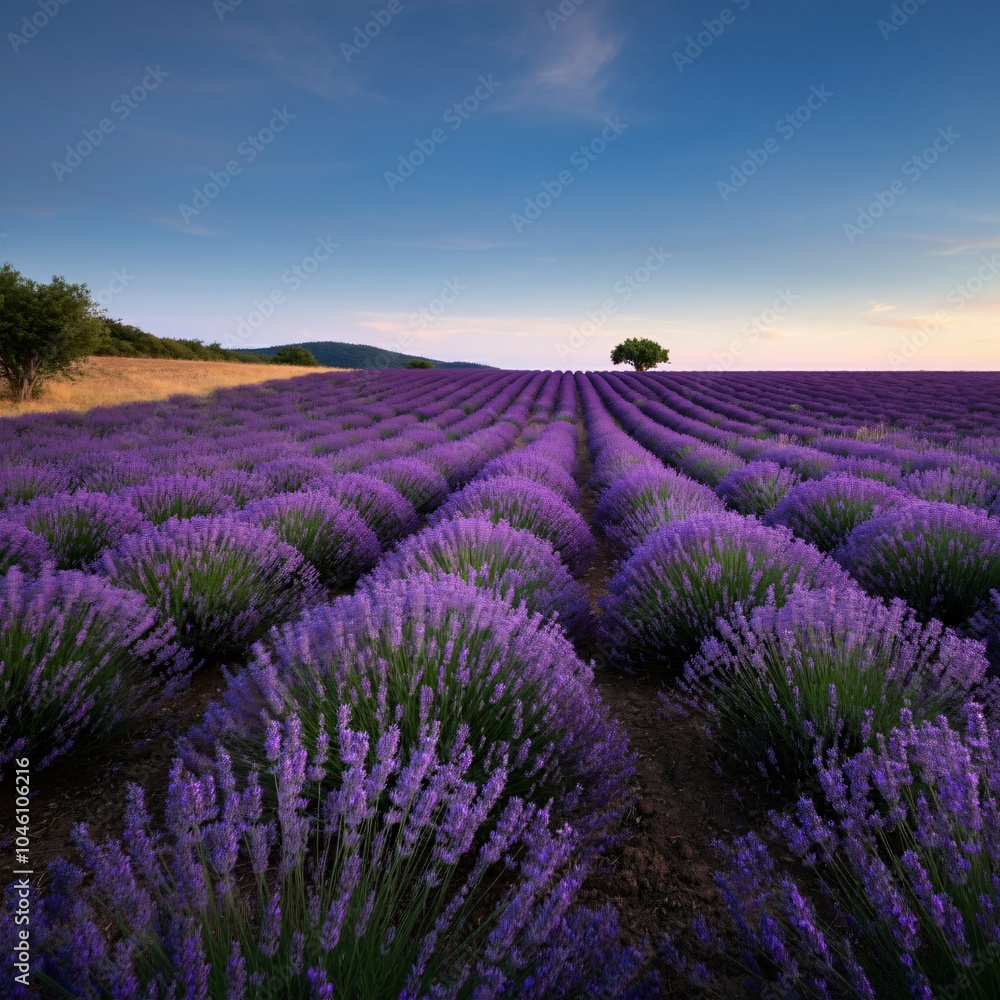 Fototapeta premium Rolling hills covered with lavender fields under a bright blue sky