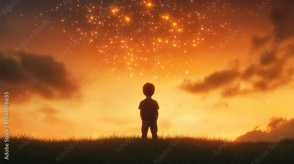 A child stands in a field, gazing at a sky filled with glowing stars, against a warm, orange sunset backdrop. Peaceful and inspiring. A child stands in a field, gazing at a sky filled with glowing stars, against a warm, orange sunset backdrop. Peaceful and inspiring.