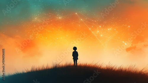 A silhouette of a person stands on a grassy hill, gazing at a vivid orange and teal sky filled with stars and intriguing patterns.