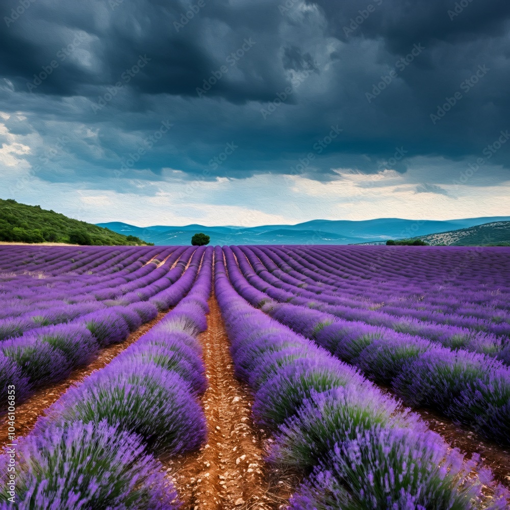 Rolling hills covered with lavender fields under a bright blue sky Rolling hills covered with lavender fields under a bright blue sky