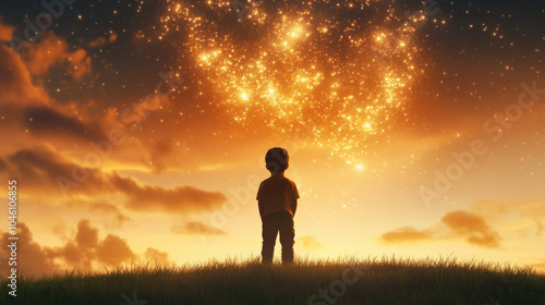 A child stands on a grassy hill, gazing at a sky filled with magical, glowing lights, creating a sense of wonder and imagination.