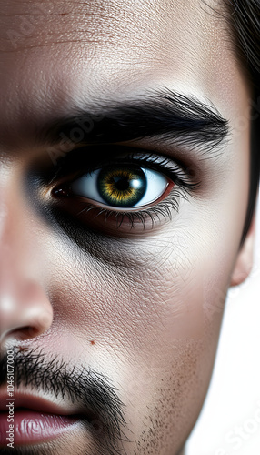 Collage with a face of a man with spiral in eye isolated with white highlights, png