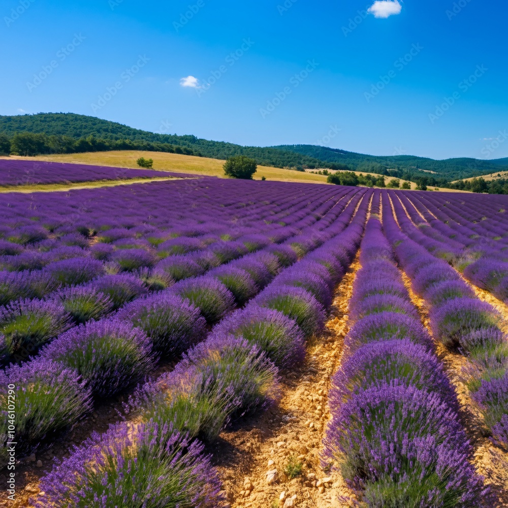 Fototapeta premium Rolling hills covered with lavender fields under a bright blue sky