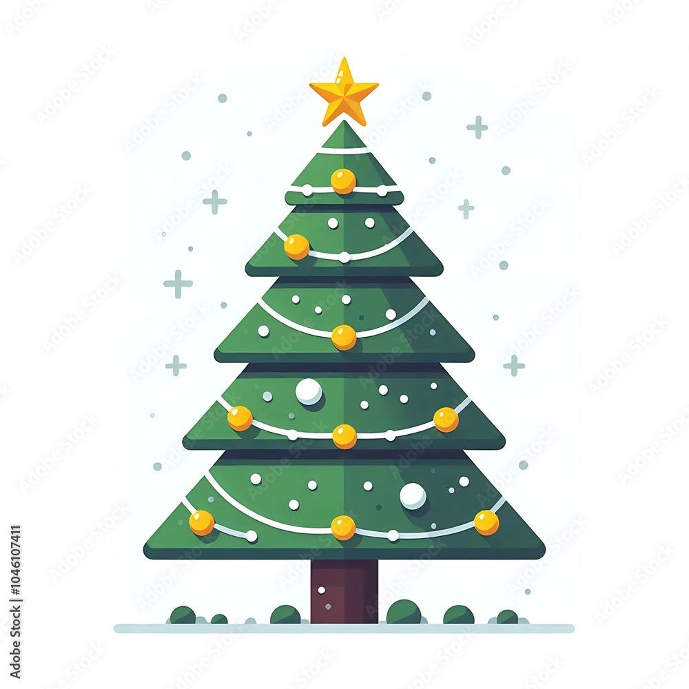 Flat, isolated illustration of a festive Christmas tree adorned with colorful ornaments, lights, and a shining star on top. The tree has a classic triangular shape and vibrant green branches. Flat, isolated illustration of a festive Christmas tree adorned with colorful ornaments, lights, and a shining star on top. The tree has a classic triangular shape and vibrant green branches.