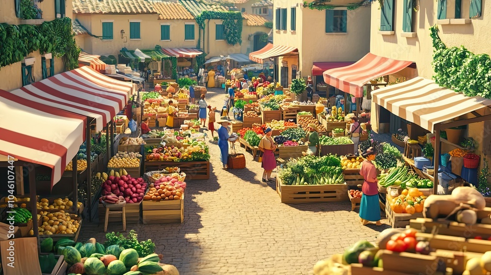 A bustling outdoor marketplace in a charming European town. A bustling outdoor marketplace in a charming European town.