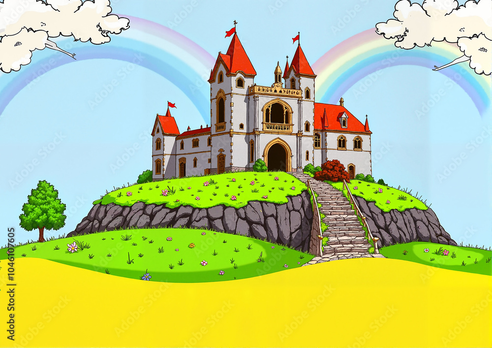 Naklejka premium Castle on a hill with rainbow backdrop in fantasy landscape
