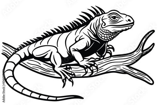 Iguana on Branch in Black and White, Embracing Nature, Vector Illustration Isolated on White Background.