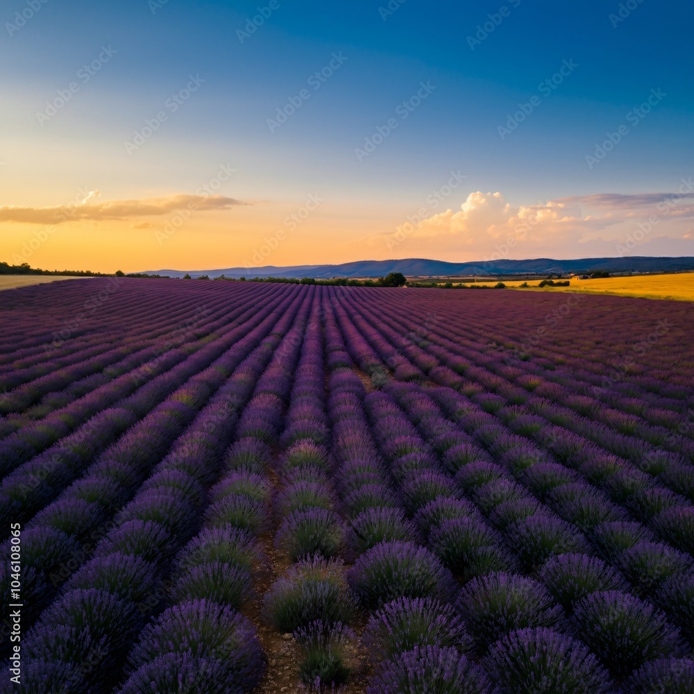 Rolling hills covered with lavender fields under a bright blue sky Rolling hills covered with lavender fields under a bright blue sky