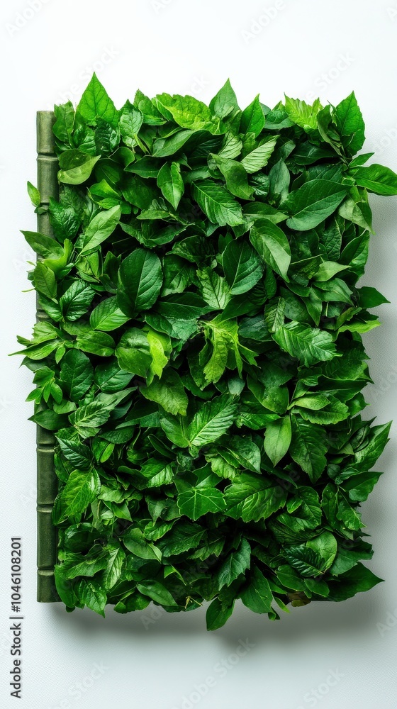 Naklejka premium Green leaves covering a book, white isolated background.