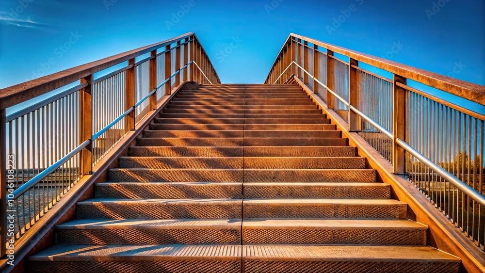 Stairway of modern rusty bridge with clear blue sky in background Stairway of modern rusty bridge with clear blue sky in background