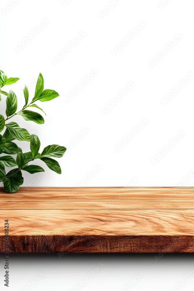 Green plant on wooden table against a white isolated background. Green plant on wooden table against a white isolated background.