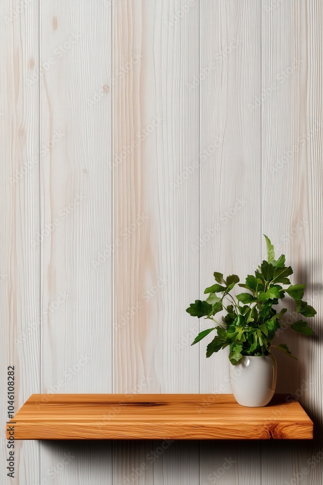 Green plant in white pot on a wooden shelf against a light wooden background. Green plant in white pot on a wooden shelf against a light wooden background.