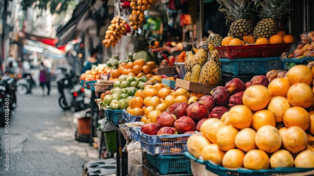 A Vibrant Display of Fresh Fruit at a Street Market Stall A Vibrant Display of Fresh Fruit at a Street Market Stall