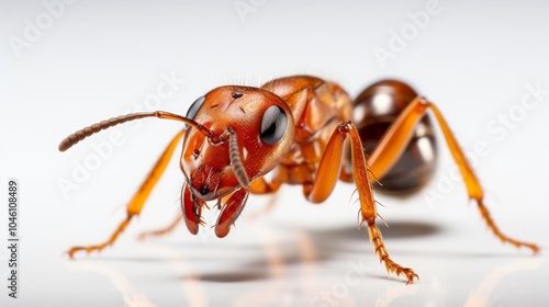 A red ant is standing on a white surface