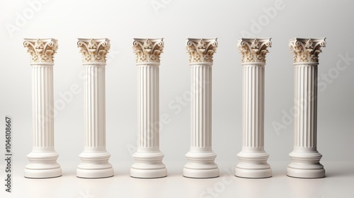 The six white pillars are tall and slender, with a decorative cap on top