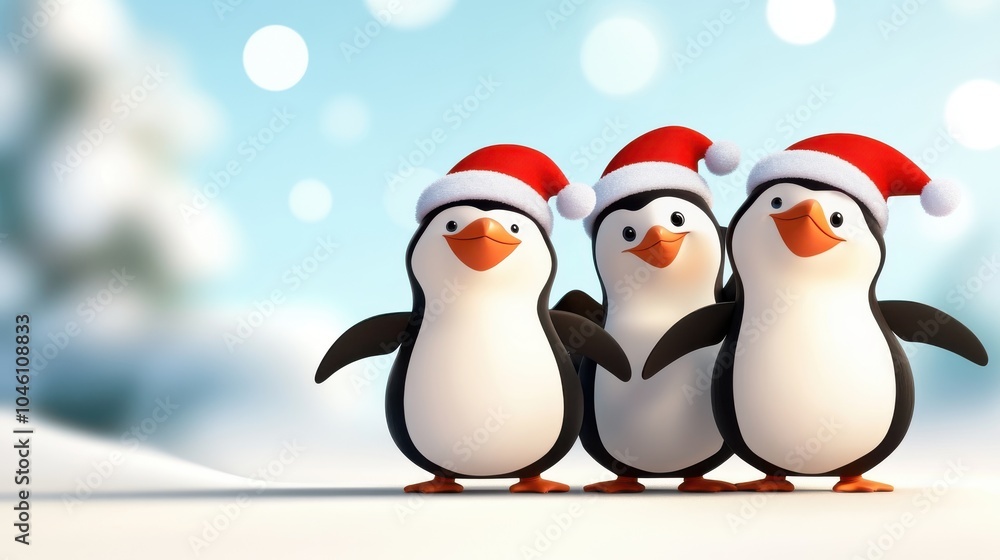 A trio of charming cartoon penguins, adorned with festive red Santa hats, stand together on a snowy landscape, embodying joy and the spirit of winter. A trio of charming cartoon penguins, adorned with festive red Santa hats, stand together on a snowy landscape, embodying joy and the spirit of winter.