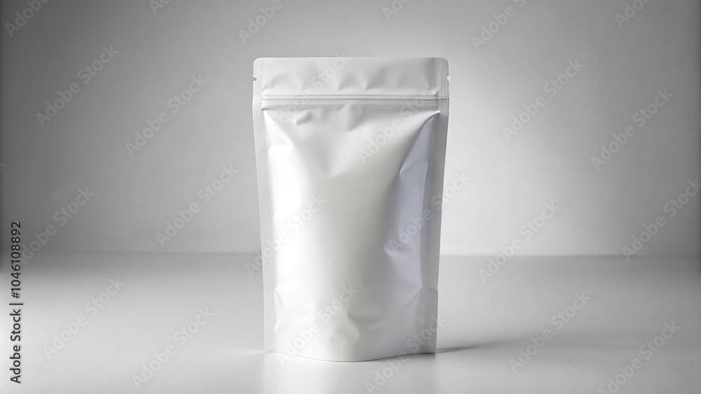 Stand up pouch packaging white paper vinyl material on a light background Stand up pouch packaging white paper vinyl material on a light background