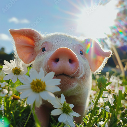 Happy pig in chamomile field in summer