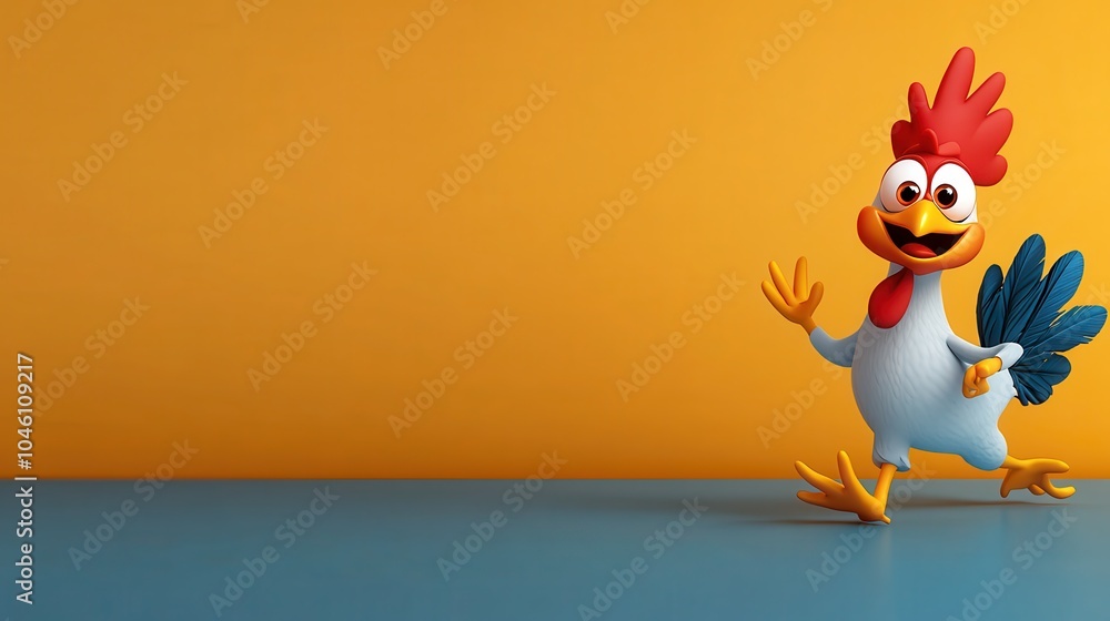 A lively cartoon rooster joyfully waves on a vivid orange background, conveying a friendly and energetic vibe, with distinctive red comb and tail feathers. A lively cartoon rooster joyfully waves on a vivid orange background, conveying a friendly and energetic vibe, with distinctive red comb and tail feathers.