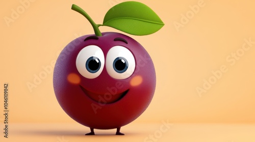 A cheerful cherry cartoon character with a smiling face and a single green leaf, standing against an orange gradient background, expressing joy.